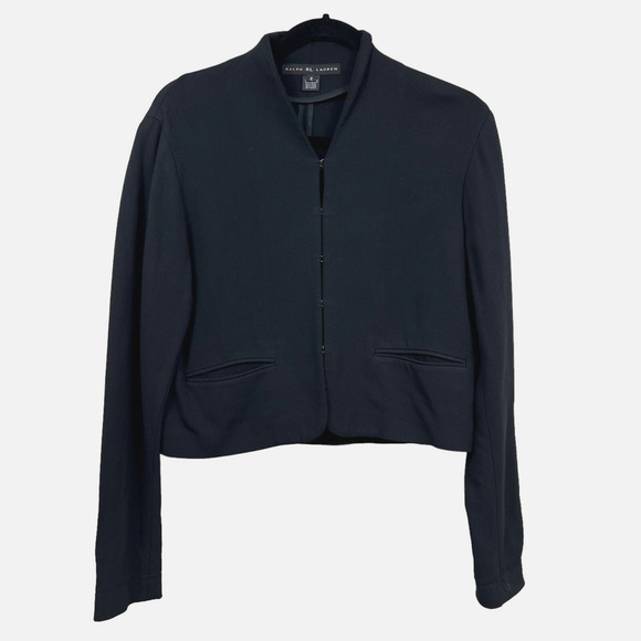 Ralph RL Lauren Blazer Wool Blend‎ Collarless Stretch Black Women Size 2